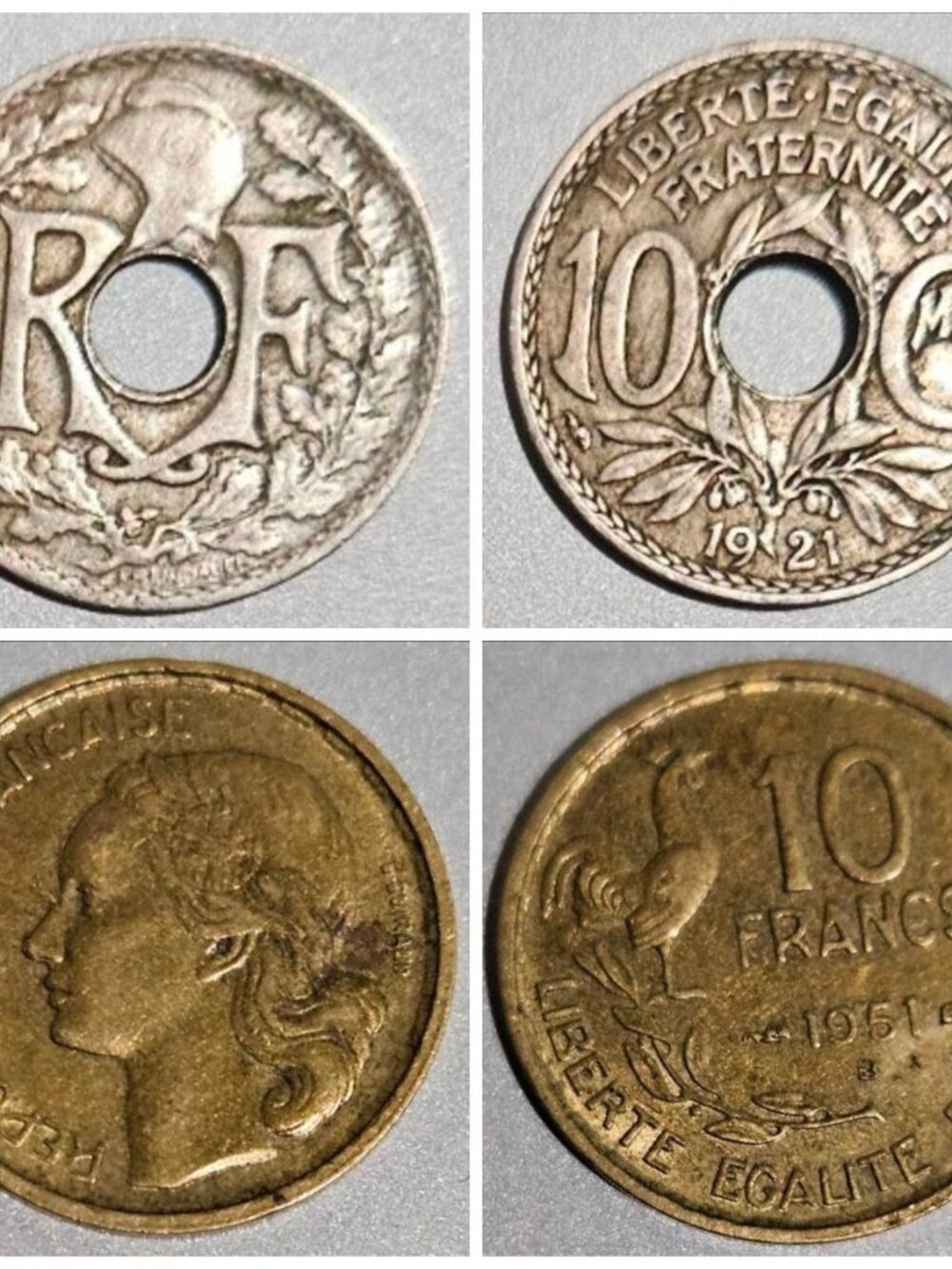 1951 French 10 Francs Guiraud Coin And 1921 France 10 Centimes Coin - French Ten